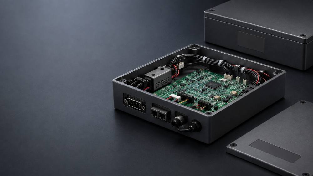 Open enclosure showing an integrated PCB assembly with wire harness