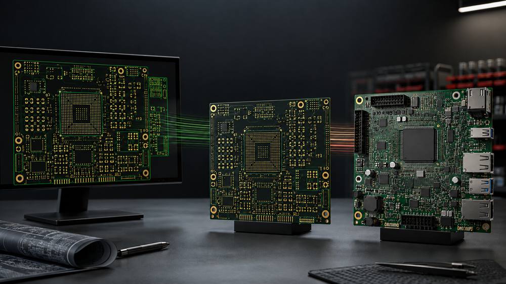 PCB design on screen progressing to bare board and assembled circuit board