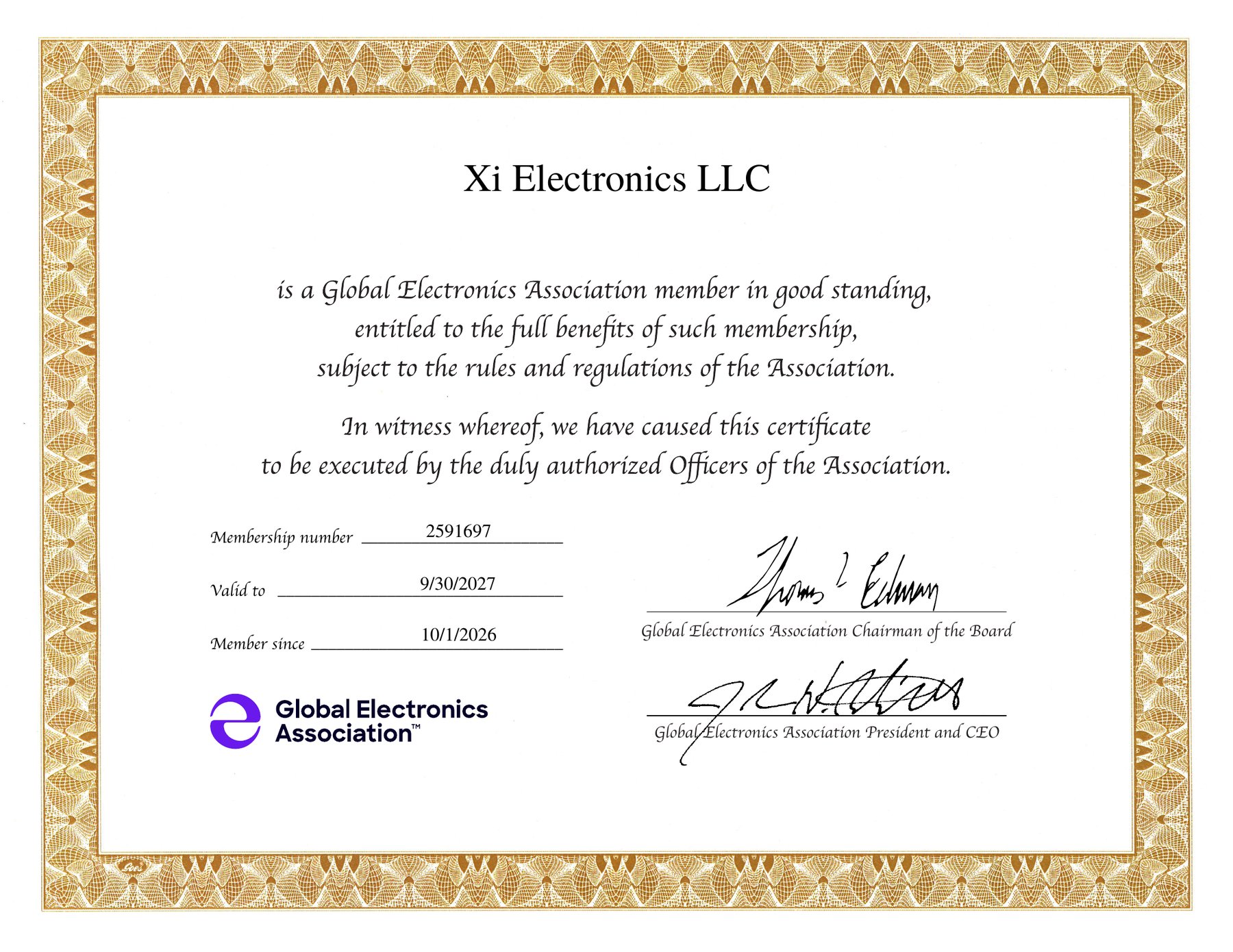 Global Electronics Association membership certificate for Xi Electronics LLC